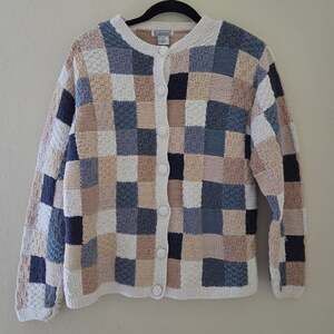 Vintage Gallagher Patchwork Knit Cardigan Grannie Sweater Ramie Cotton Blend